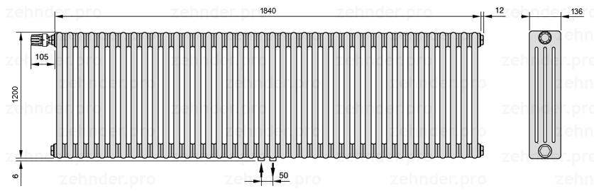 Схема (чертеж) Радиатор Zehnder Charleston 4120/40 №V007 Белый глянцевый RAL 9016